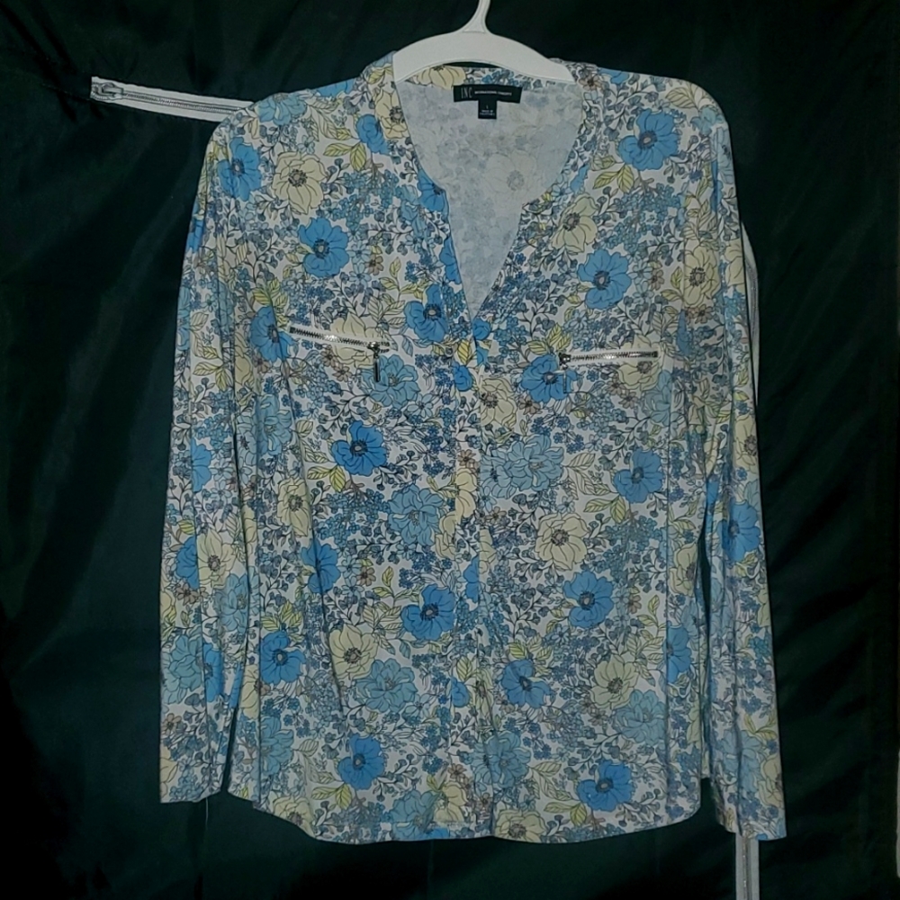 INC International Concepts blue floral blouse, size large